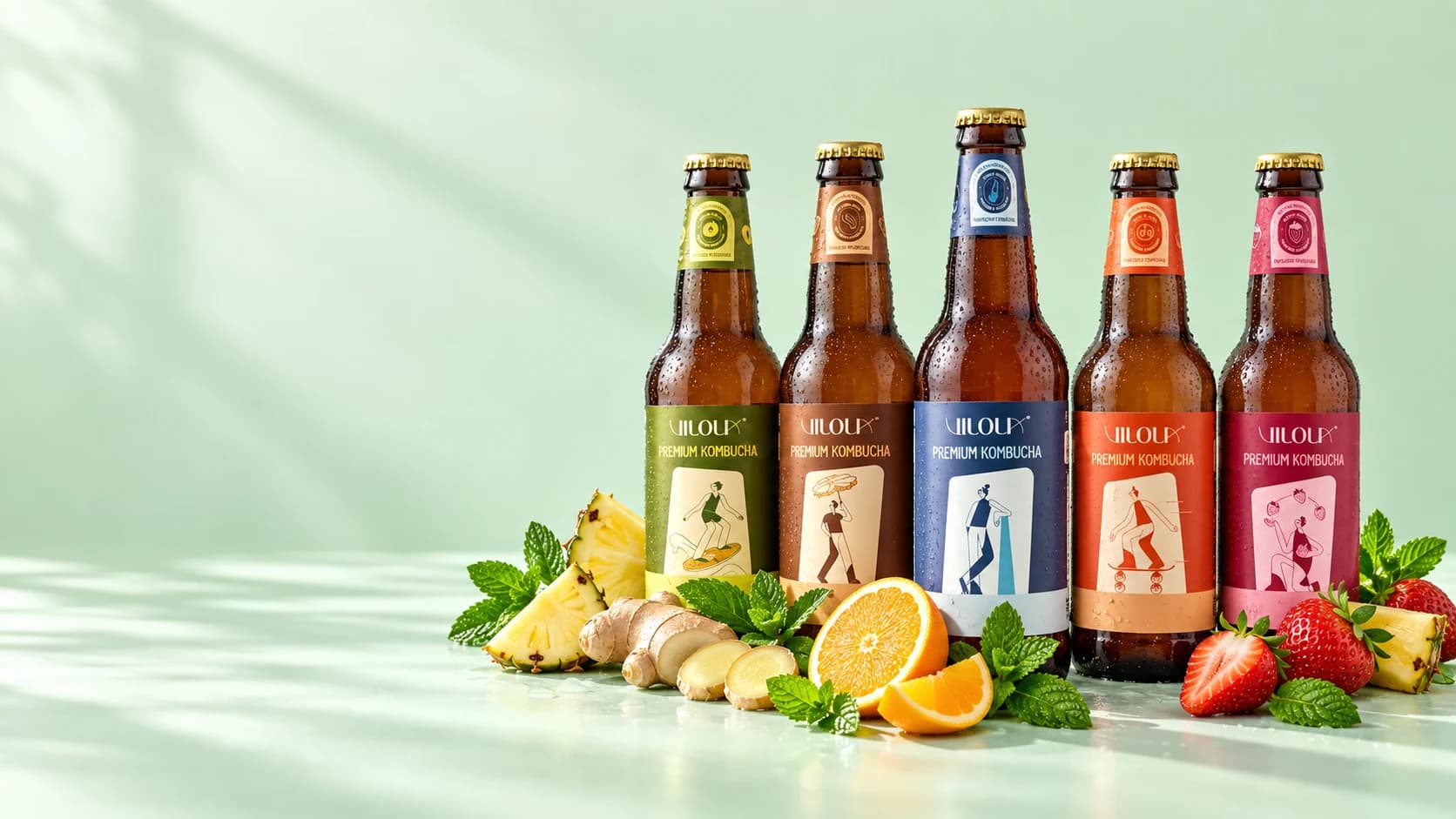 Vilola kombucha bottles with ginger, citrus and berries